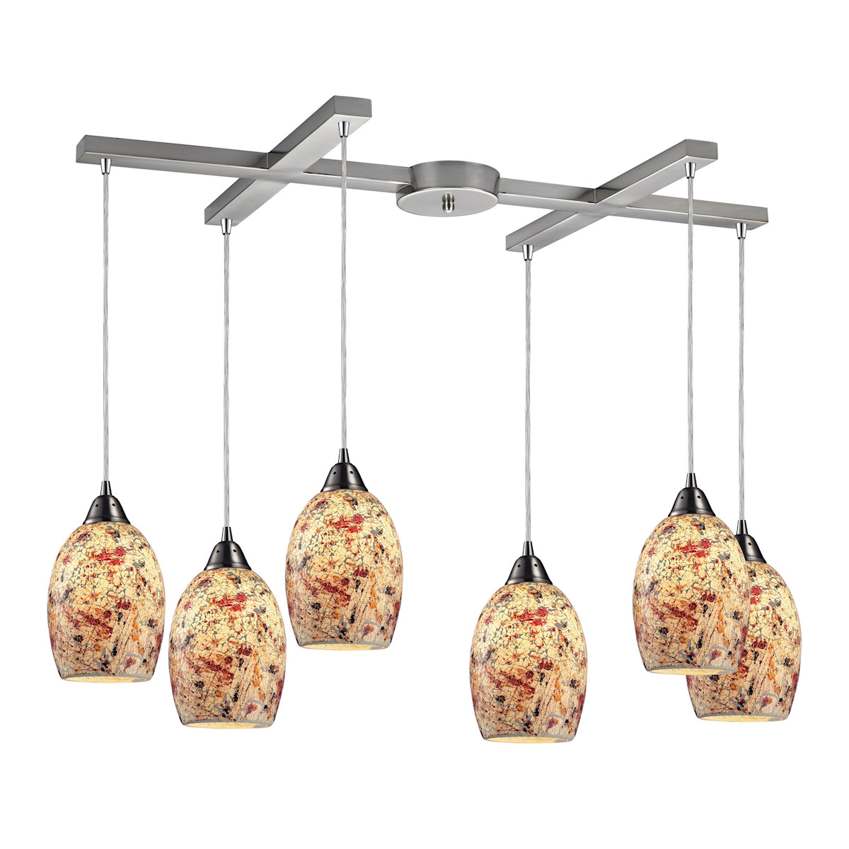 ELK Lighting 73011-6 Avalon 6-Light H-Bar Pendant Fixture in Satin Nickel with Multi-colored Crackle Glass
