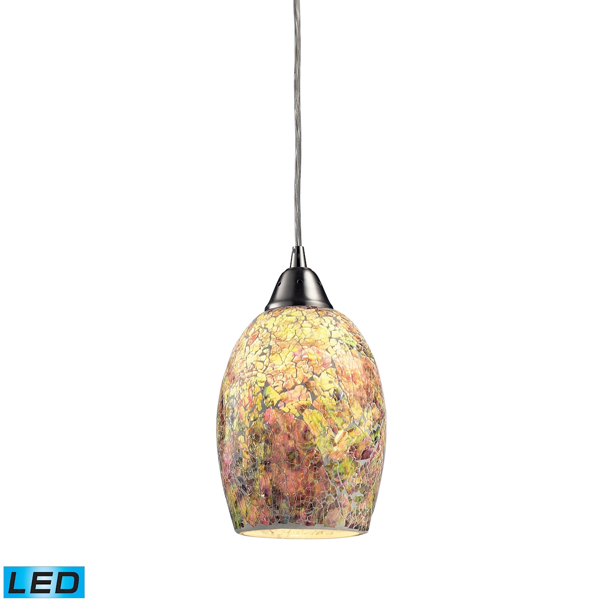 ELK Lighting 73021-1-LED Avalon 1-Light Mini Pendant in Satin Nickel with Multi-colored Crackle Glass - Includes LED Bulb
