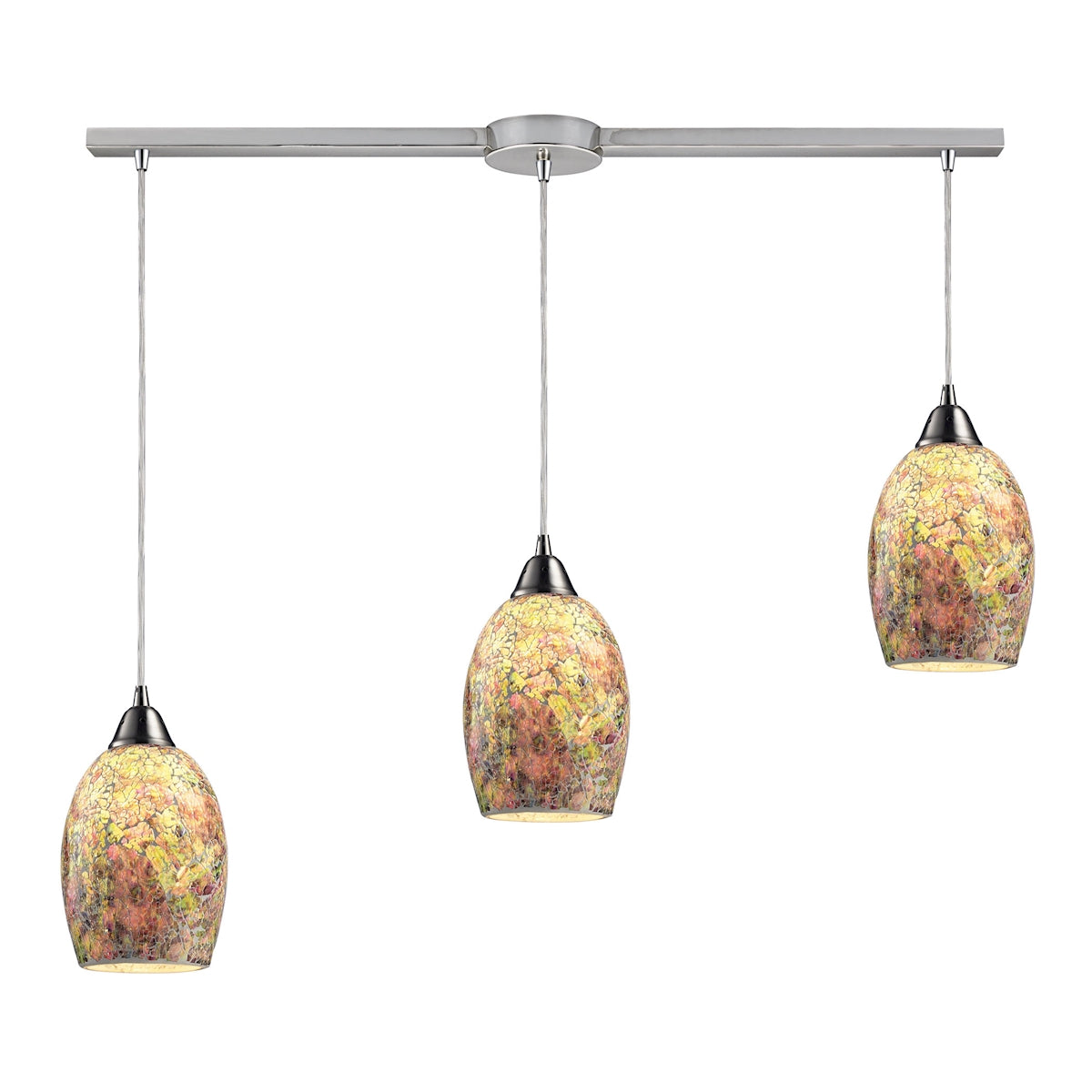 ELK Lighting 73021-3L Avalon 3-Light Linear Pendant Fixture in Satin Nickel with Multi-colored Crackle Glass