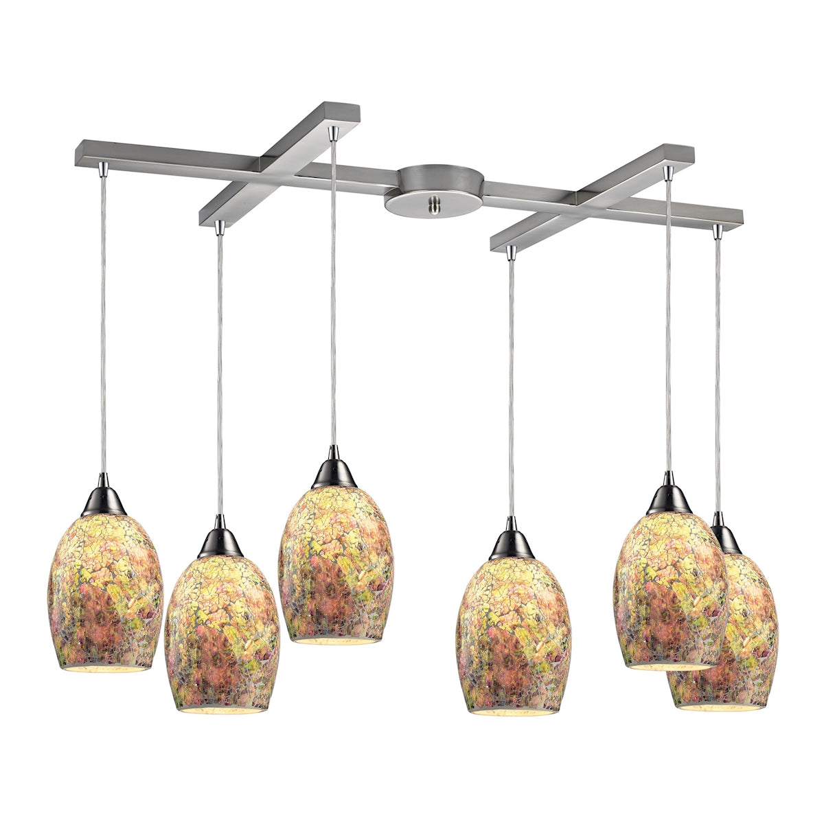 ELK Lighting 73021-6 Avalon 6-Light H-Bar Pendant Fixture in Satin Nickel with Multi-colored Crackle Glass