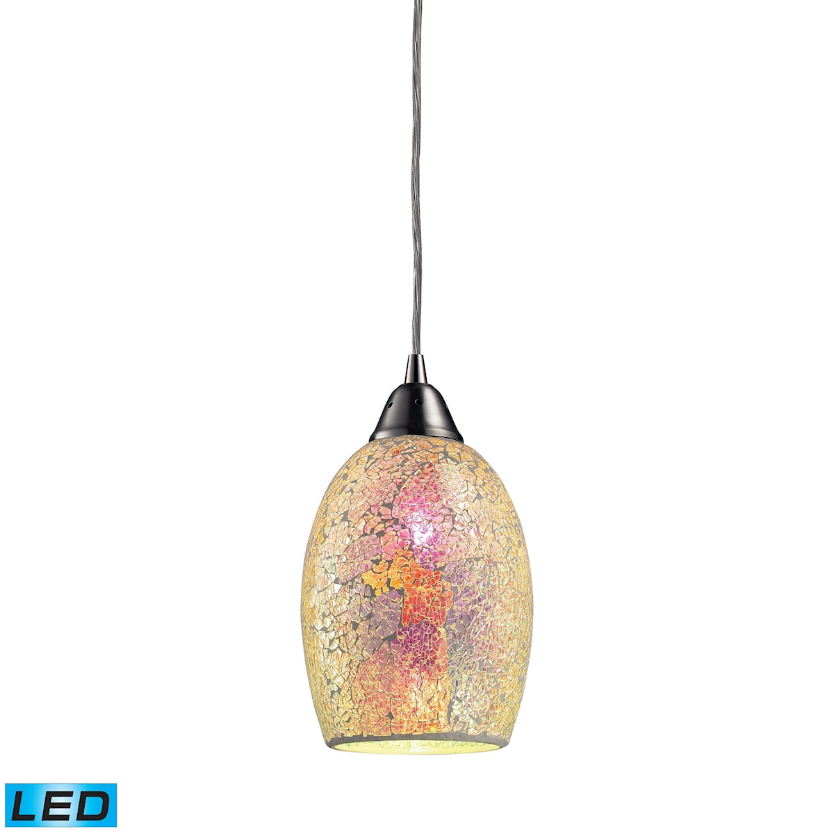 ELK Lighting 73041-1-LED Avalon 1-Light Mini Pendant in Satin Nickel with Multi-colored Crackle Glass - Includes LED Bulb