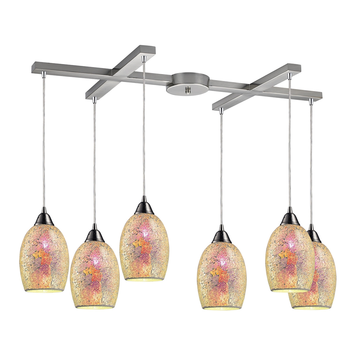 ELK Lighting 73041-6 Avalon 6-Light H-Bar Pendant Fixture in Satin Nickel with Multi-colored Crackle Glass