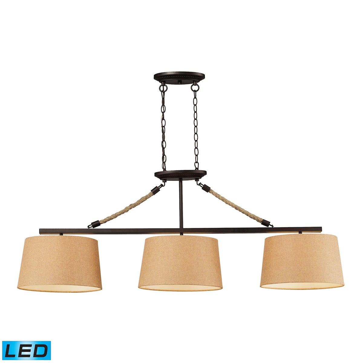 ELK Lighting 73046-3-LED Natural Rope 3-Light Island Light in Aged Bronze with Tan Linen Shades - Includes LED Bulbs