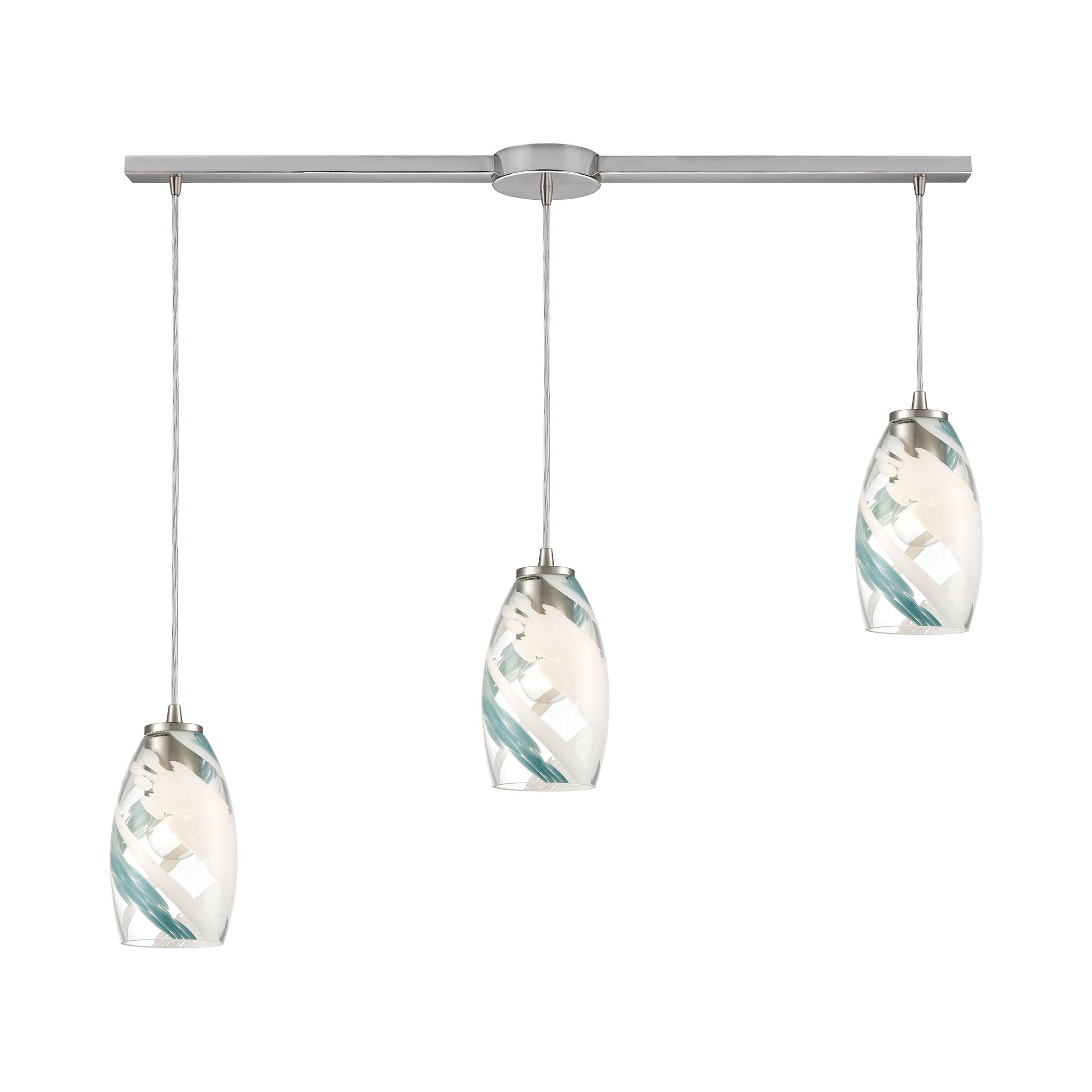 ELK Lighting 85211/3L Turbulence 3-Light Linear Mini Pendant Fixture in Satin Nickel with Clear, Aqua, and White Glass