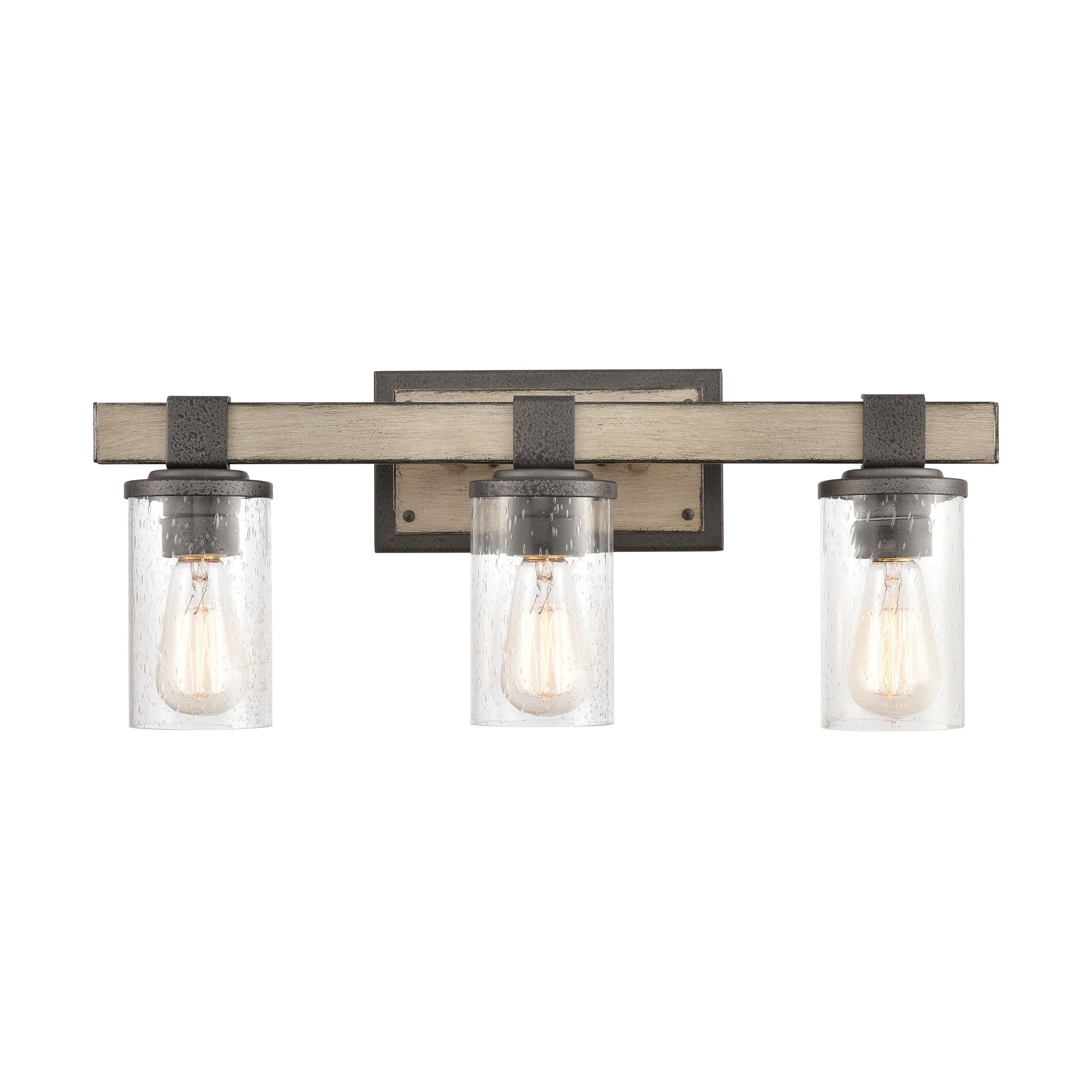 ELK Lighting 89142/3 Crenshaw 3-Light Vanity Light in Anvil Iron and Distressed Antique Graywood with Seedy Glass
