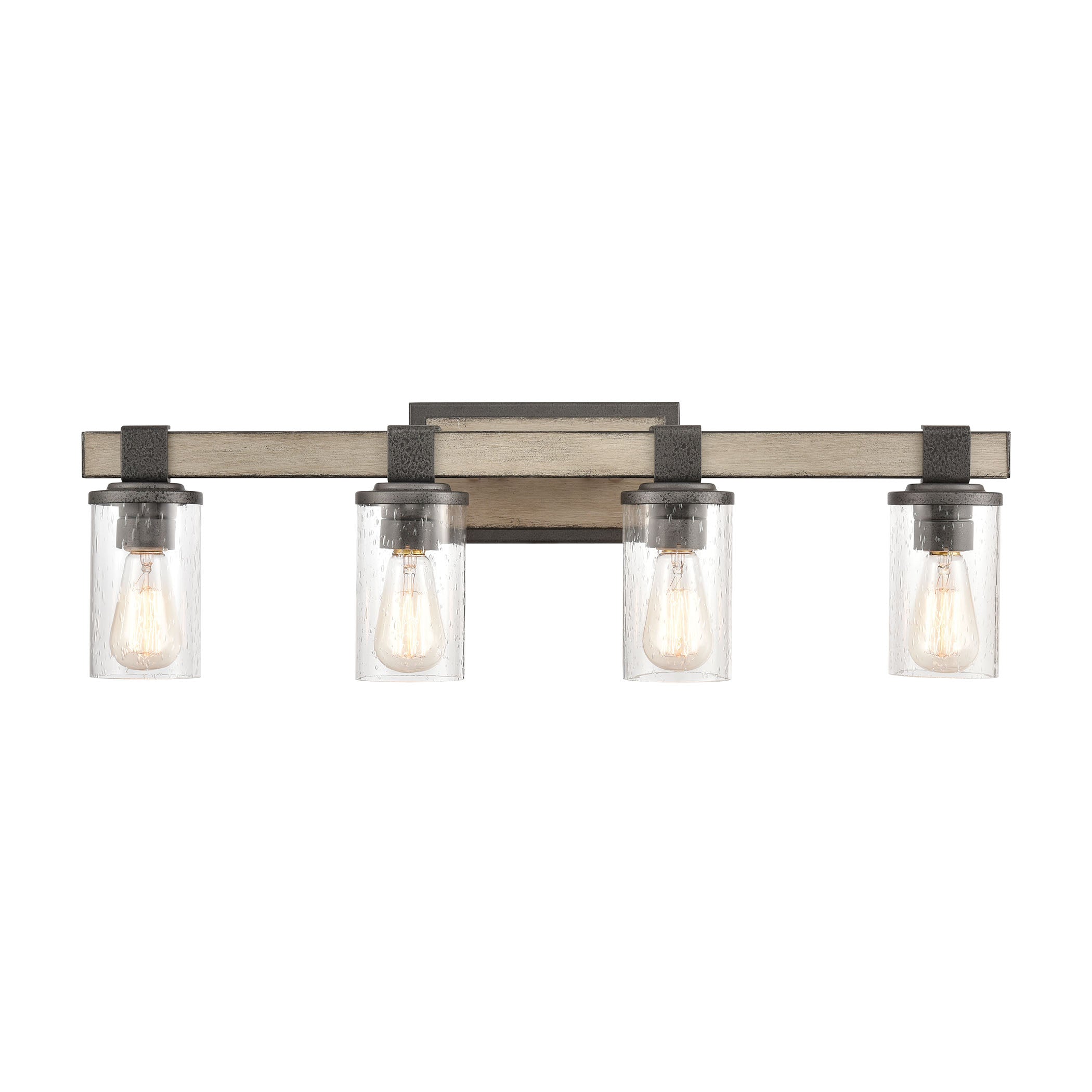 ELK Lighting 89143/4 Crenshaw 4-Light Vanity Light in Anvil Iron and Distressed Antique Graywood with Seedy Glass