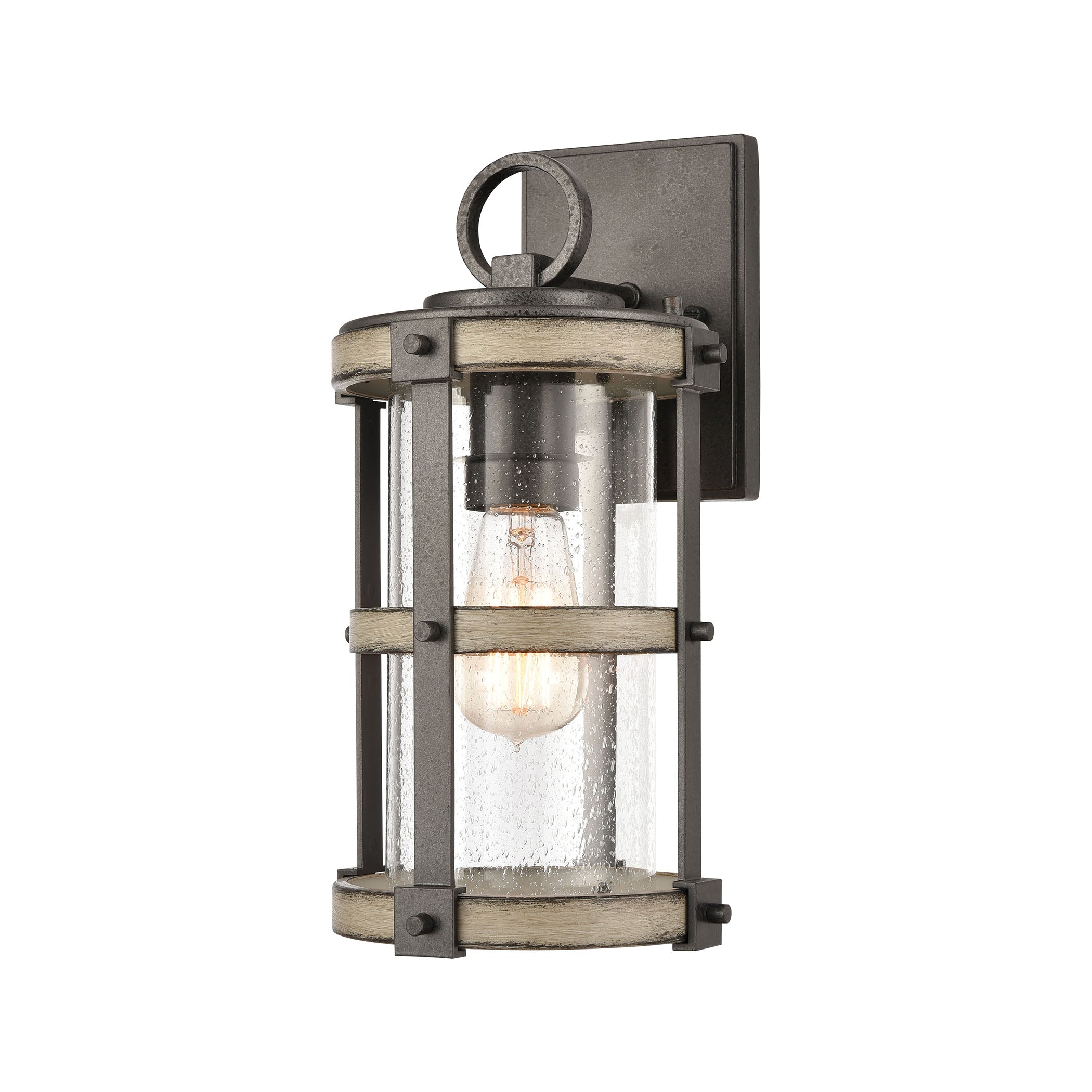 ELK Lighting 89144/1 Crenshaw 1-Light Outdoor Sconce in Anvil Iron and Distressed Antique Graywood with Seedy Glass