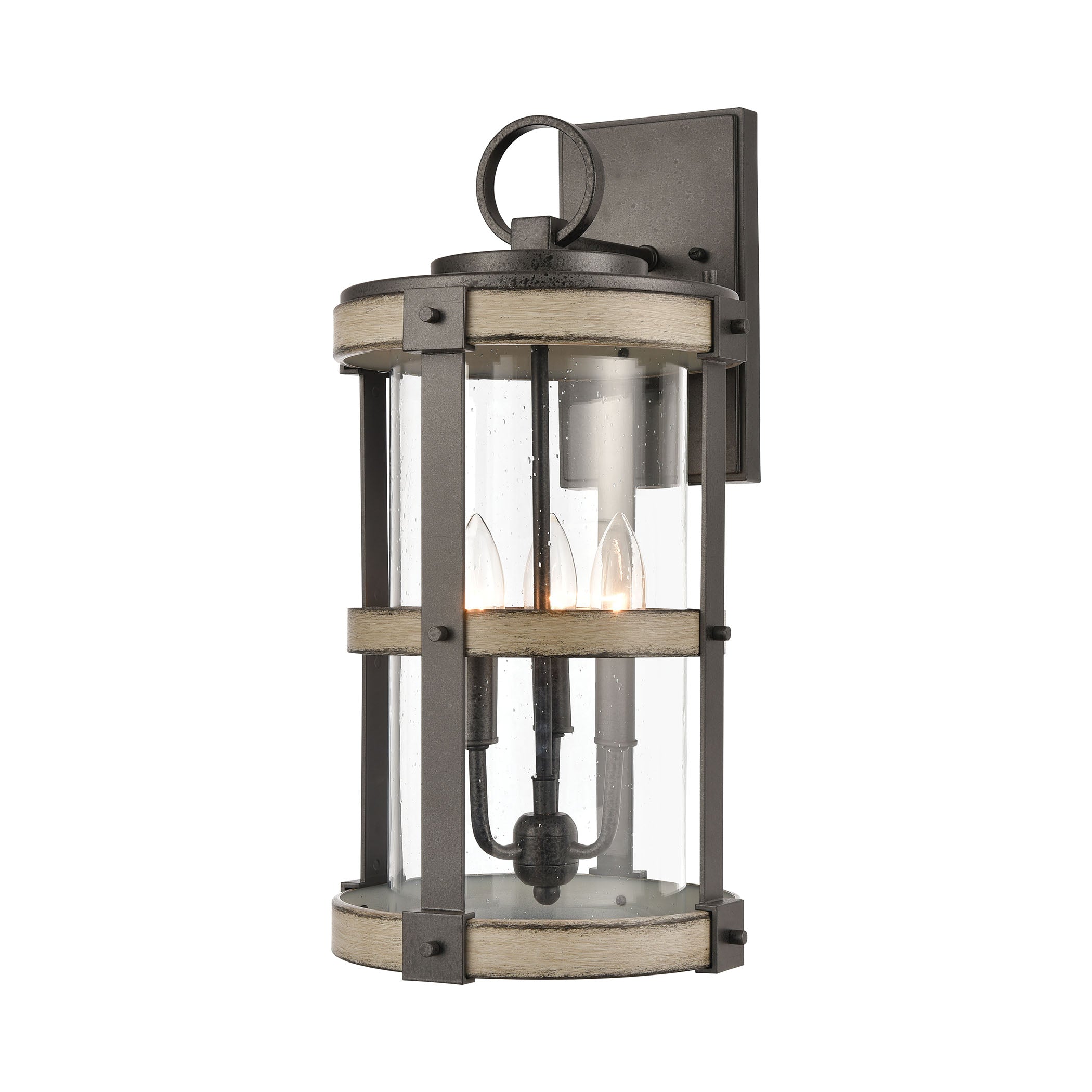 ELK Lighting 89146/3 Crenshaw 3-Light Outdoor Sconce in Anvil Iron and Distressed Antique Graywood with Seedy Glass