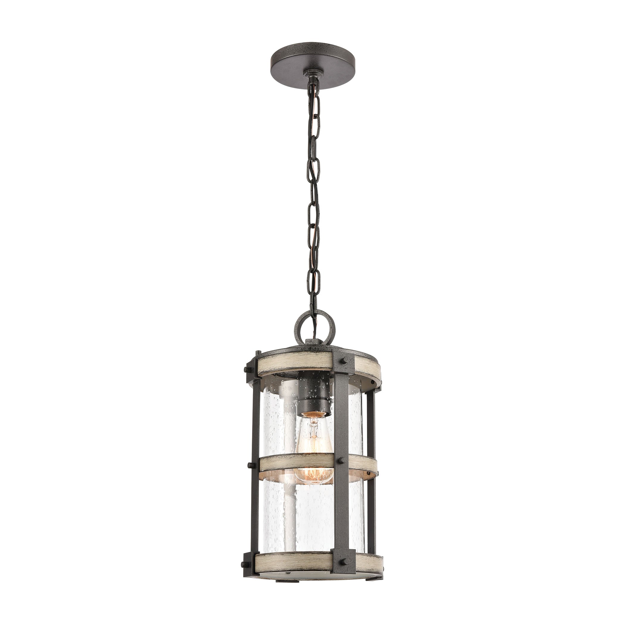 ELK Lighting 89147/1 Crenshaw 1-Light Outdoor Pendant in Anvil Iron and Distressed Antique Graywood with Seedy Glass