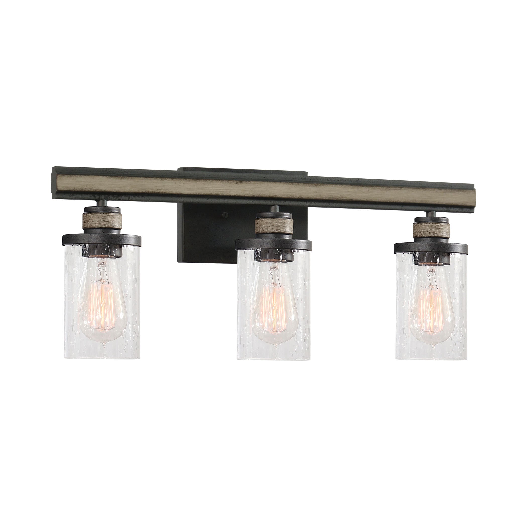 ELK Lighting 89154/3 Beaufort 3-Light Vanity Light in Anvil Iron and Distressed Antique Graywood with Seedy Glass