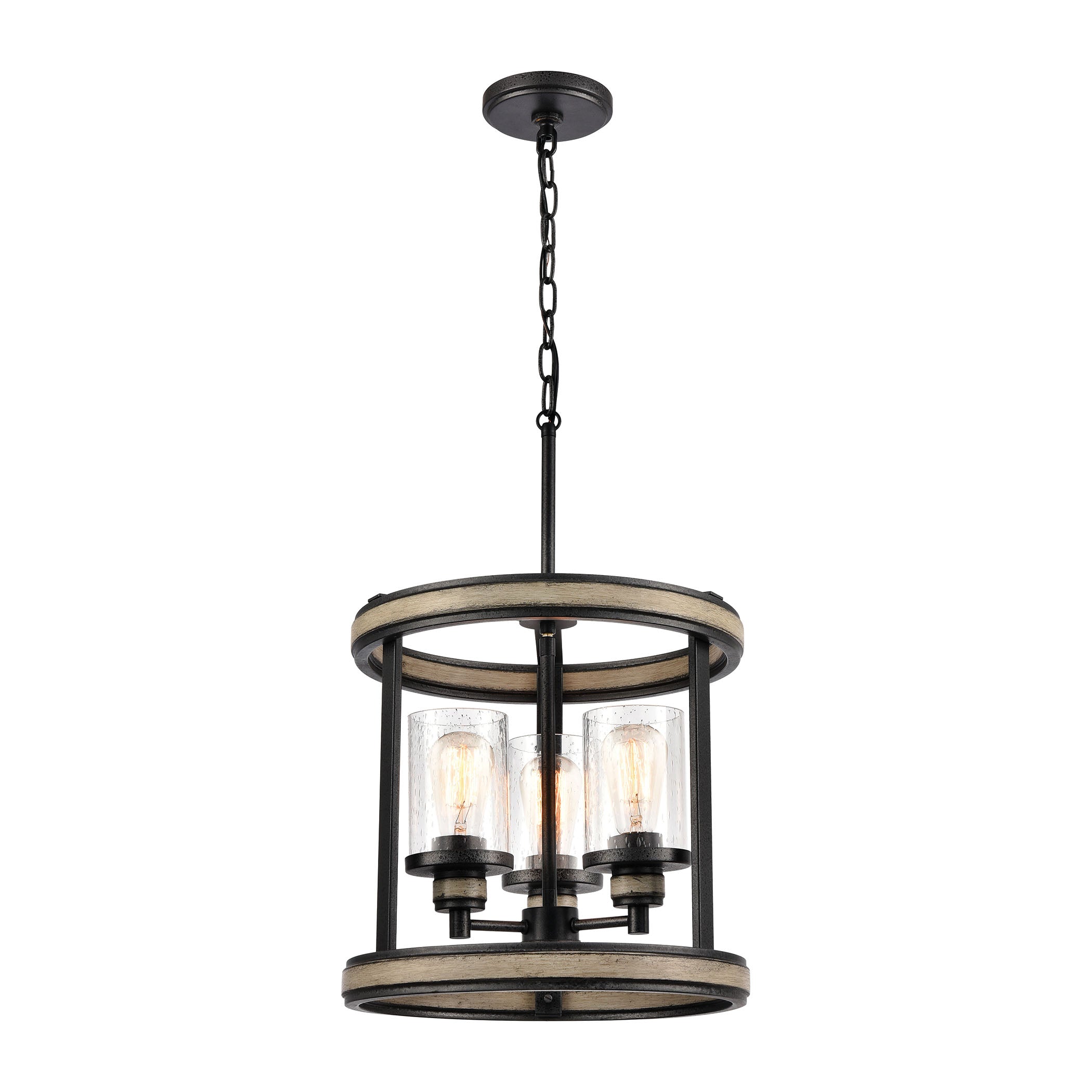 ELK Lighting 89156/3 Beaufort 3-Light Pendant in Anvil Iron and Distressed Antique Graywood with Seedy Glass