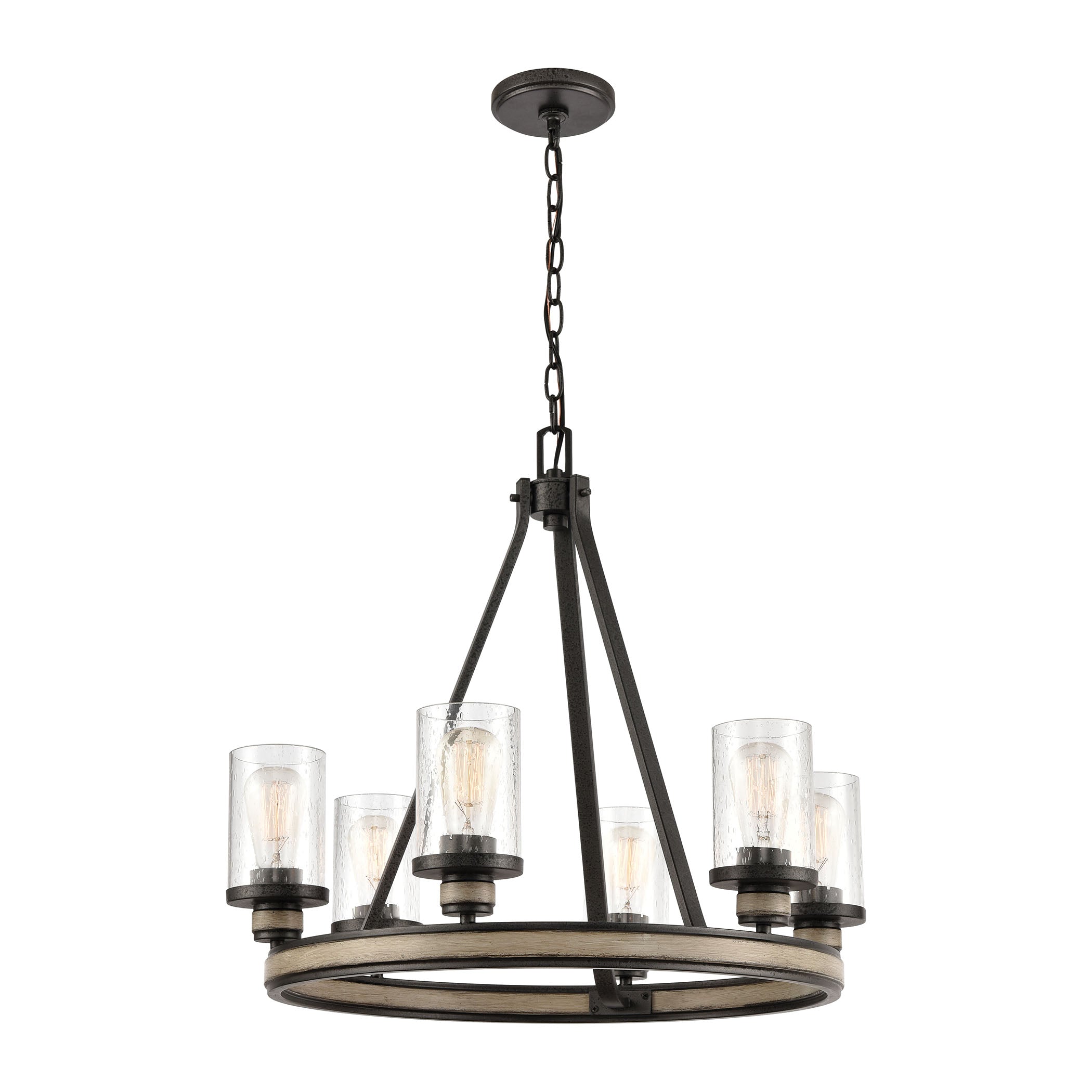ELK Lighting 89159/6 Beaufort 6-Light Chandelier in Anvil Iron and Distressed Antique Graywood with Seedy Glass
