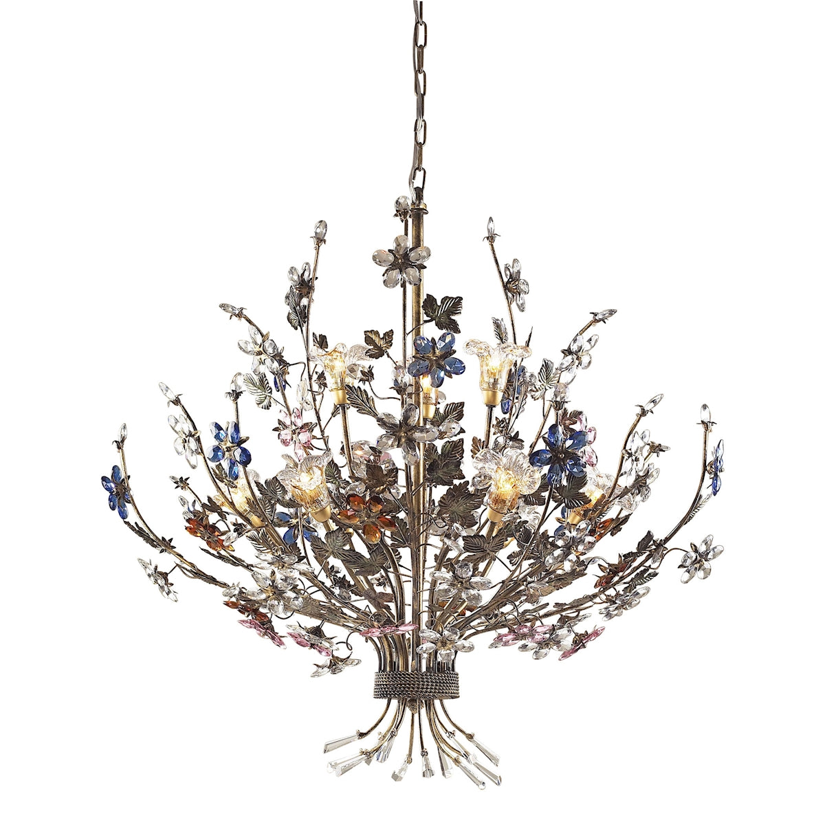ELK Lighting 9108/6+3 Brillare 9-Light Chandelier in Bronzed Rust with Multi-colored Floral Crystals
