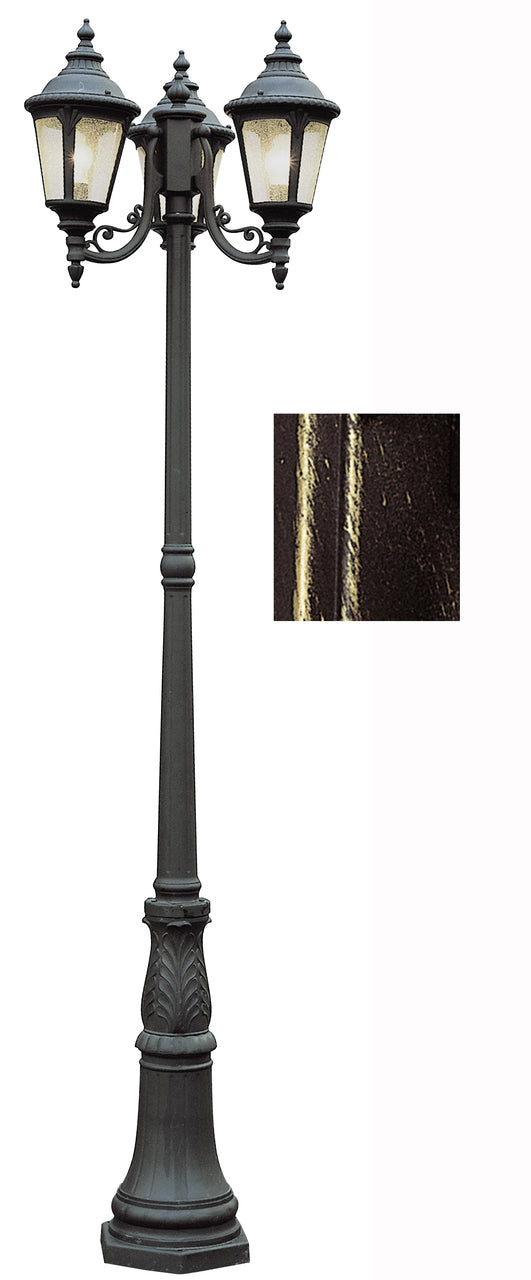 Trans Globe Lighting 5048 BG Commons 84.5" Outdoor Black Gold Tuscan Pole Light with Braided Crown Trim and Leaf Window Accents