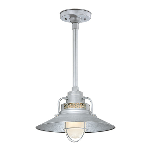 Millennium Lighting RRRS14-GA R Series Pendant in Galvanized. Removeable glass guard and inside etched glass included. UL listed for wet locations.Must order goose neck(RGN) or canopy(RSCKSS)/stem(RS) to hang.