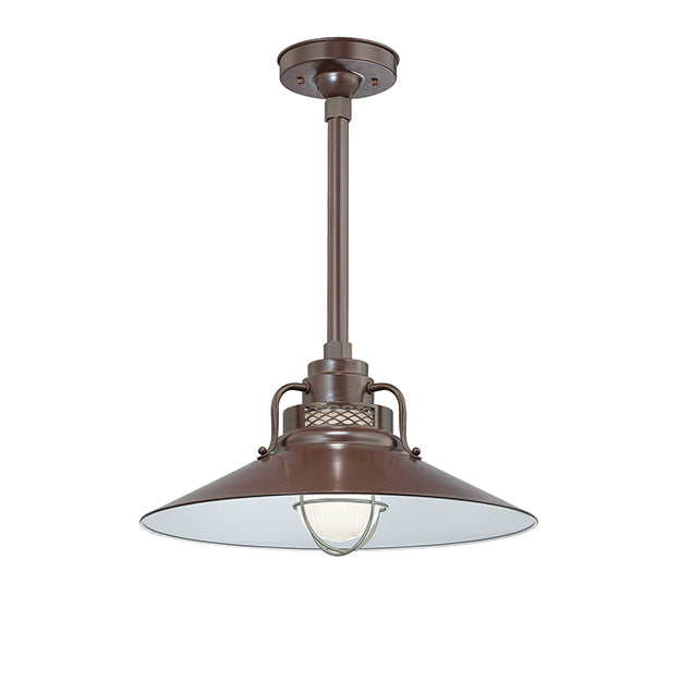 Millennium Lighting RRRS18-ABR R Series Pendant in Architectural Bronze. Removeable glass guard and inside etched glass included. UL listed for wet locations.Must order goose neck(RGN) or canopy(RSCKSS)/stem(RS) to hang.