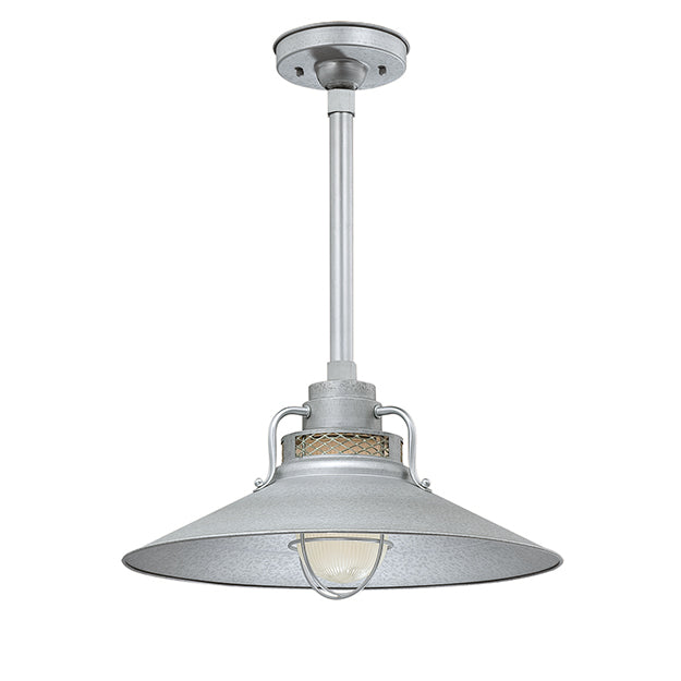 Millennium Lighting RRRS18-GA R Series Pendant in Galvanized.Removeable glass guard and inside etched glass included. UL listed for wet locations.Must order goose neck(RGN) or canopy(RSCKSS)/stem(RS) to hang.