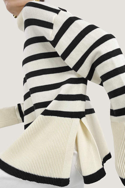 White Roll Neck Striped Ribbed Pullover Sweater