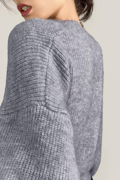Grey Ribbed Knit Wrap Tie Side Cardigan