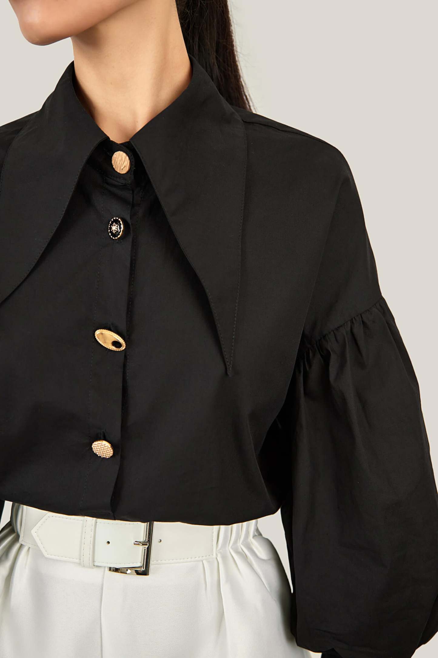 Black Pointed Collar Button Detail Lantern Sleeve Shirt