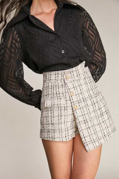 Ivory Tweed High Rise Button Detail Asymmetric Shorts