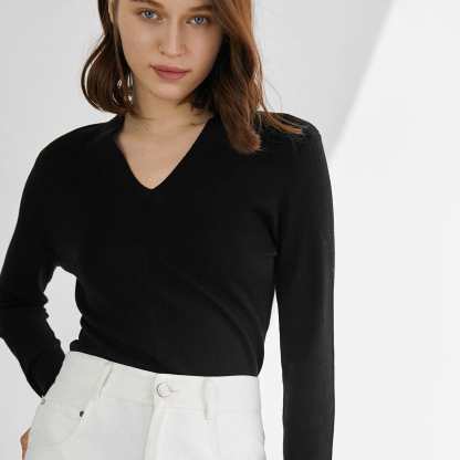 Aislin Premium Wool Black Long-Sleeve Button-Up Sweater