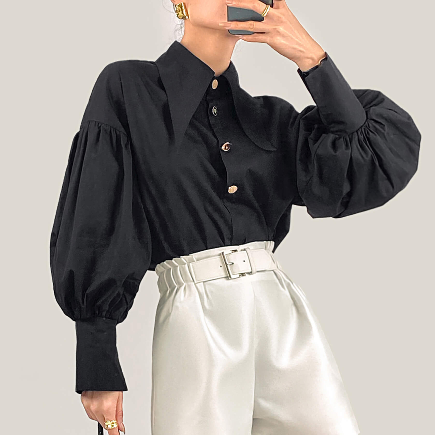 Black Pointed Collar Button Detail Lantern Sleeve Shirt
