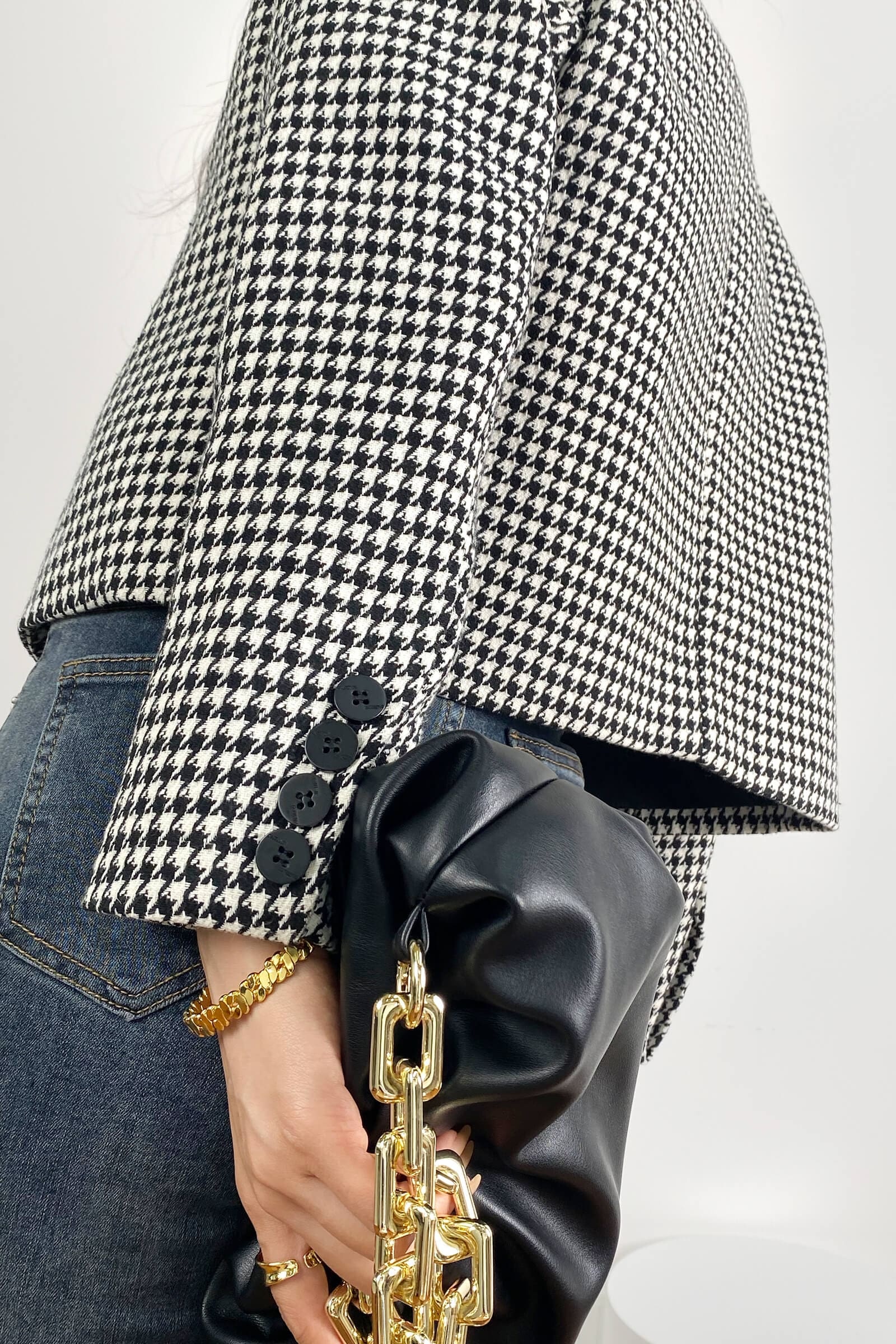 Black Houndstooth V-Neck Double-Breasted Jacket