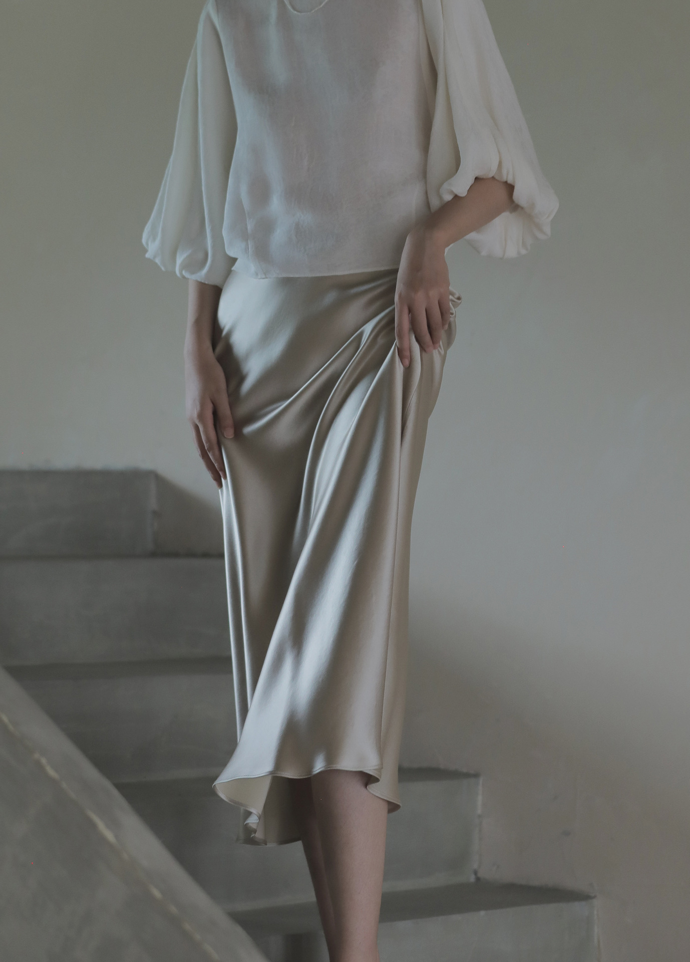 Beige Satin High-Rise A-Line Midi Skirt