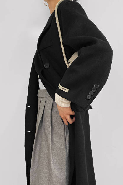 Black Premium Wool Double-Breasted Longline Coat