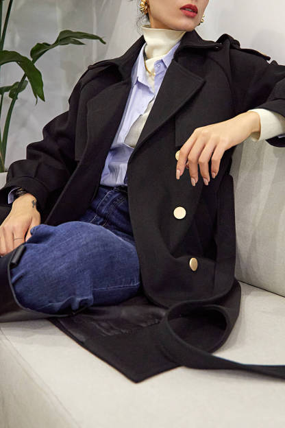 Black Double-Breasted Belted Lapel Collar Longline Coat