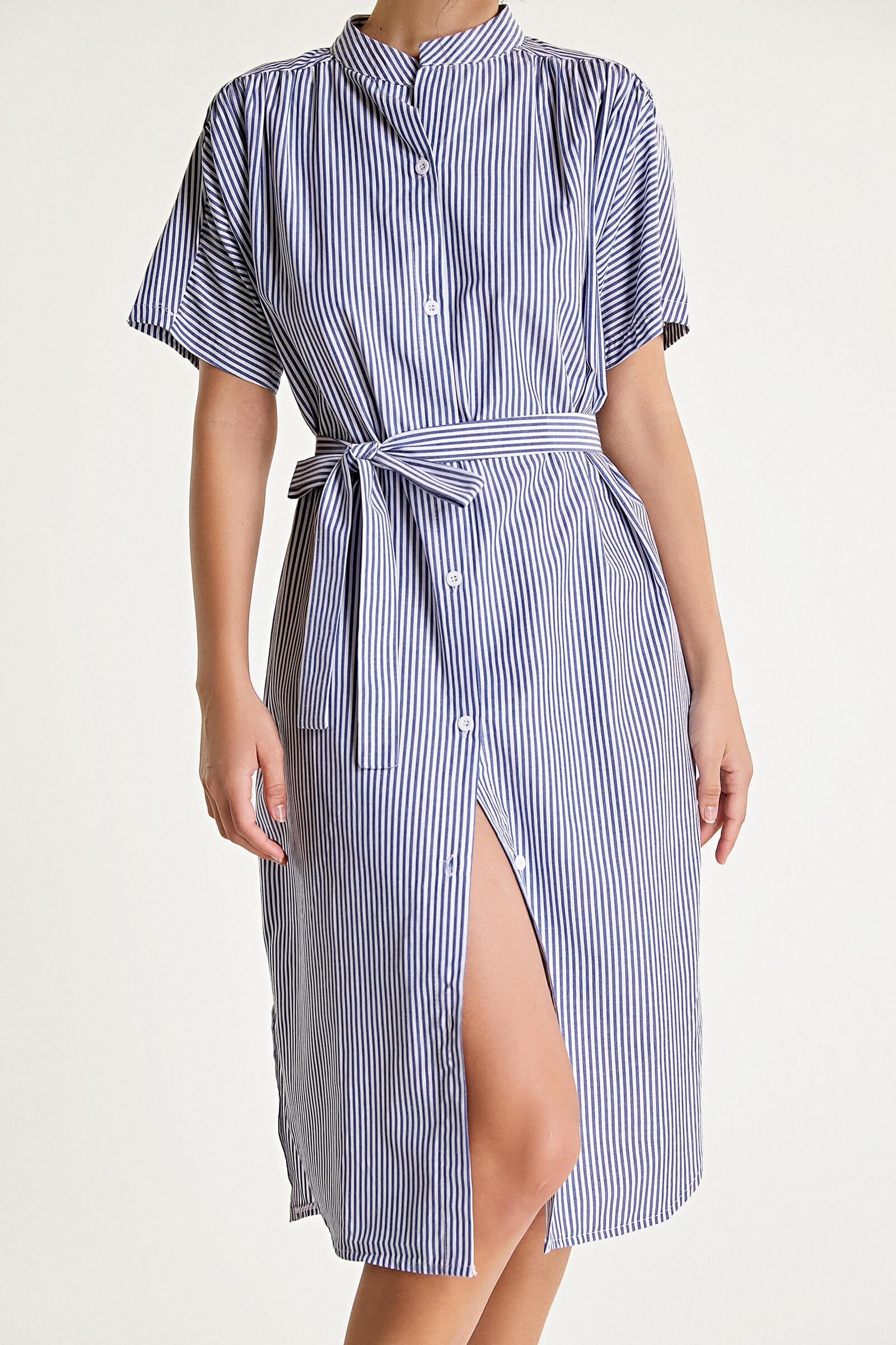 Blue Striped Tie Waist Stand Collar Midi Shirt Dress