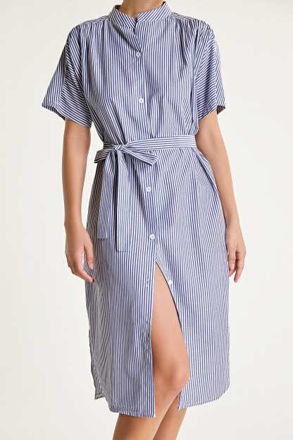 Blue Striped Tie Waist Stand Collar Midi Shirt Dress