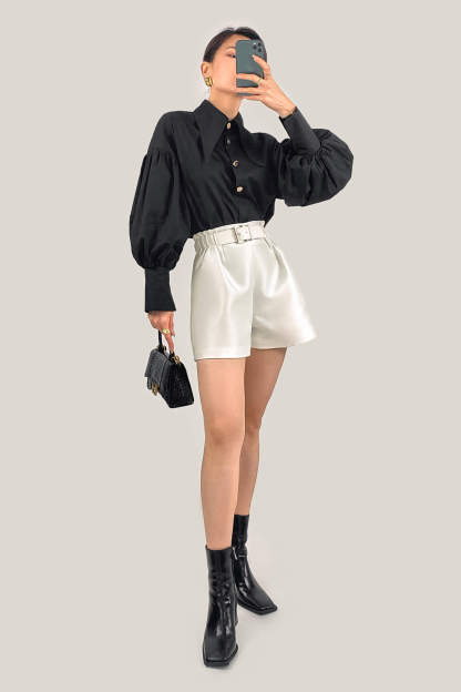 Black Pointed Collar Button Detail Lantern Sleeve Shirt