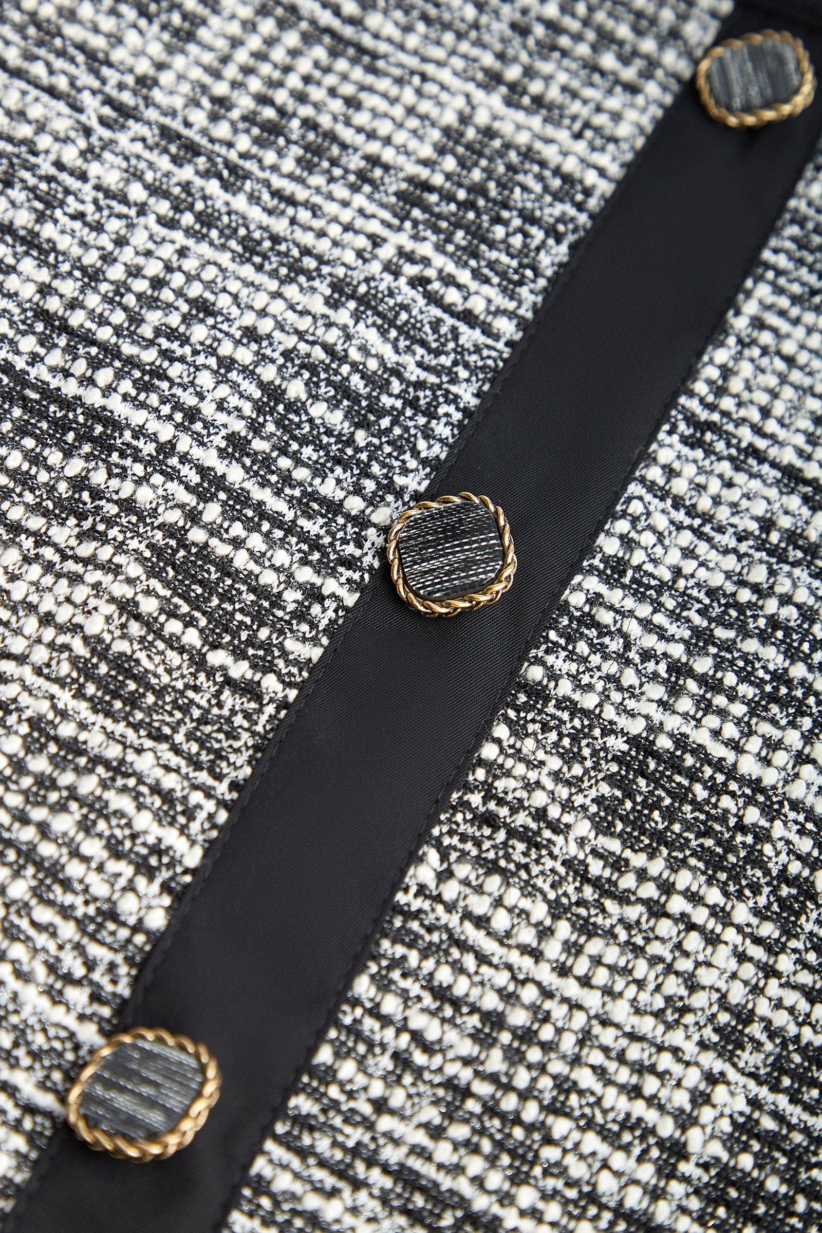 Black Tweed Square Neck Button Detail Puff Sleeve Blouse