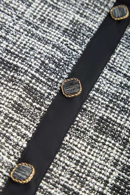 Black Tweed Square Neck Button Detail Puff Sleeve Blouse