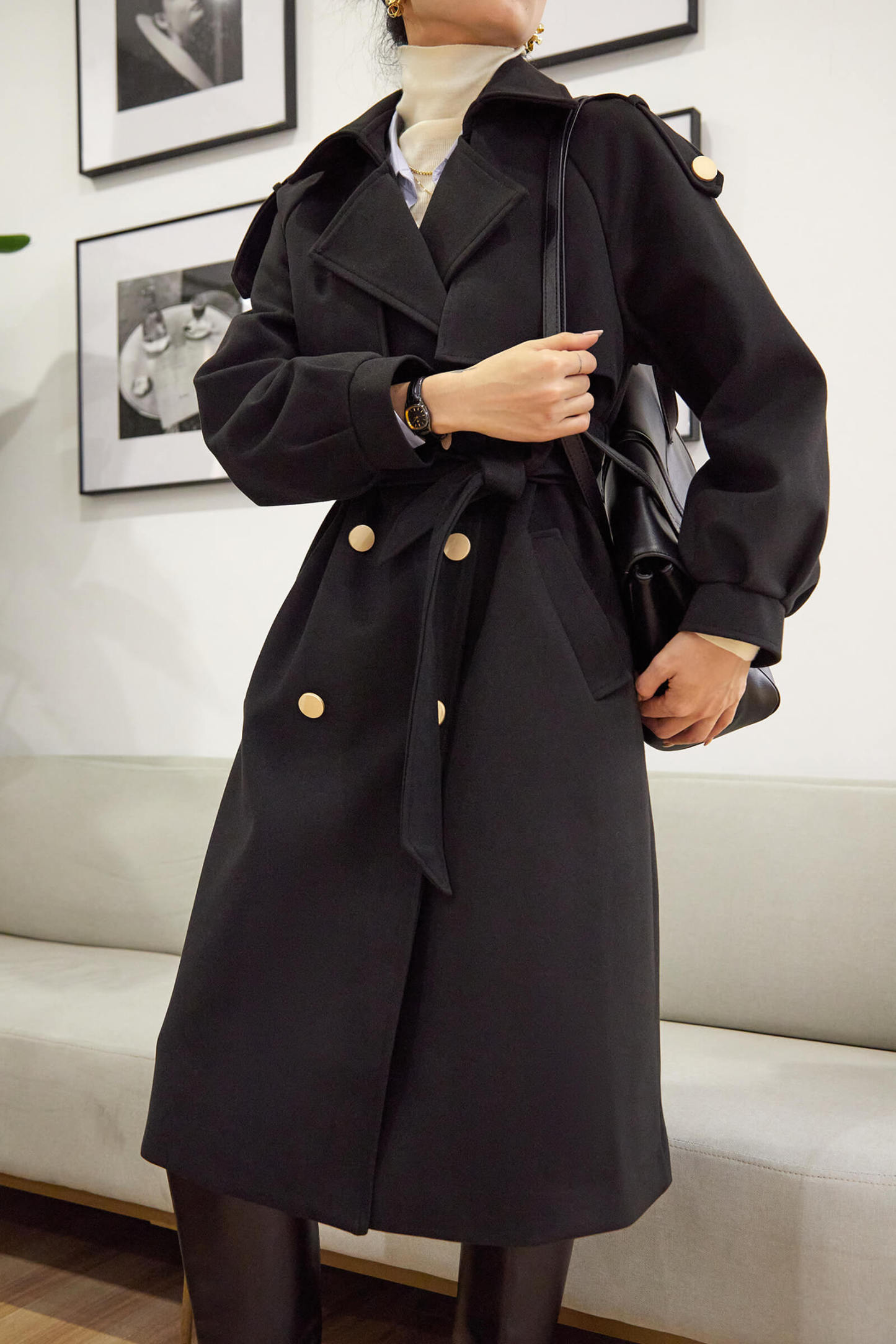 Black Double-Breasted Belted Lapel Collar Longline Coat