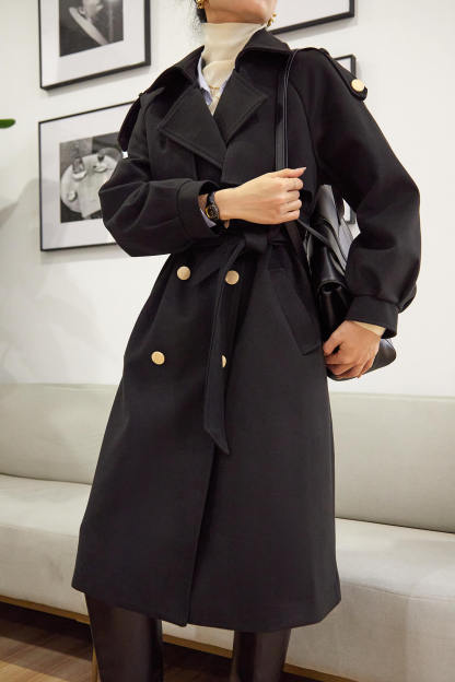 Black Double-Breasted Belted Lapel Collar Longline Coat
