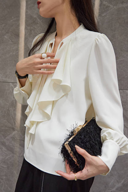 Beige Puffle Front Flounce-Trimmed Long Sleeve Blouse