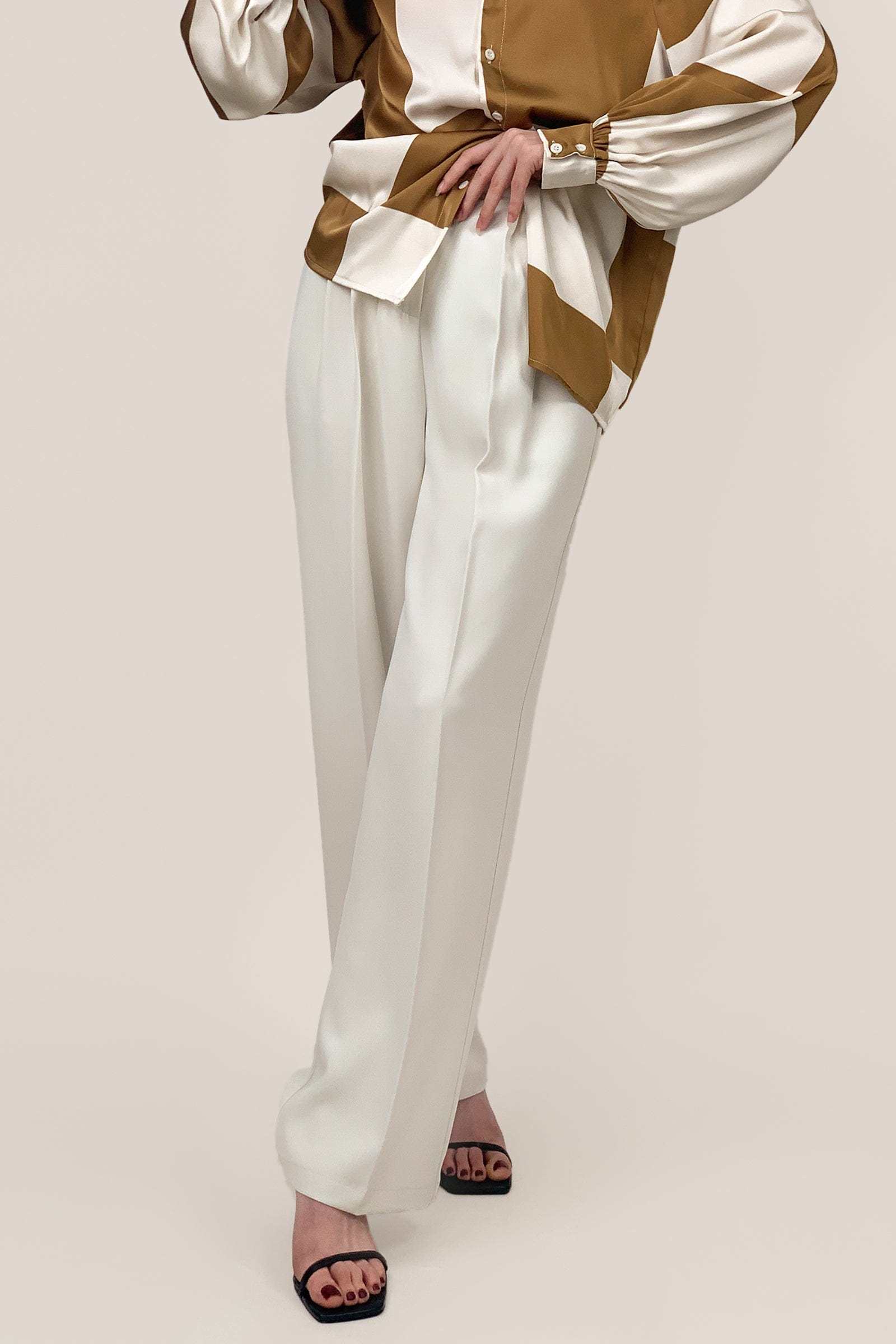 White Pleat Detail Wide Leg Work Pants