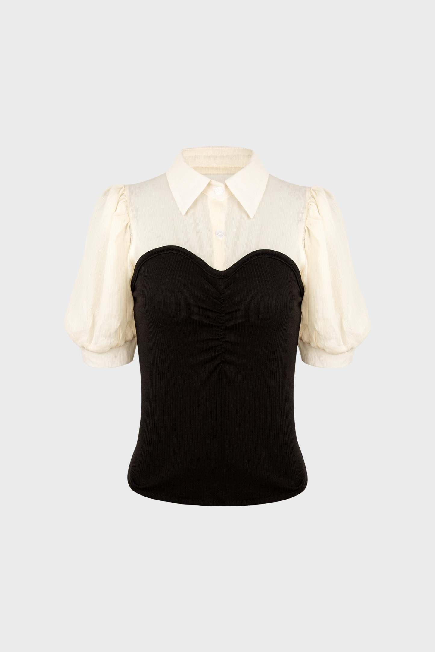 Black Contrast Mesh Puff Sleeve Polo Collar Blouse