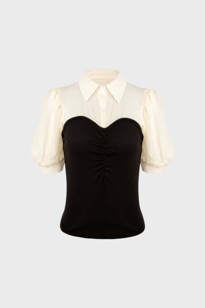 Black Contrast Mesh Puff Sleeve Polo Collar Blouse