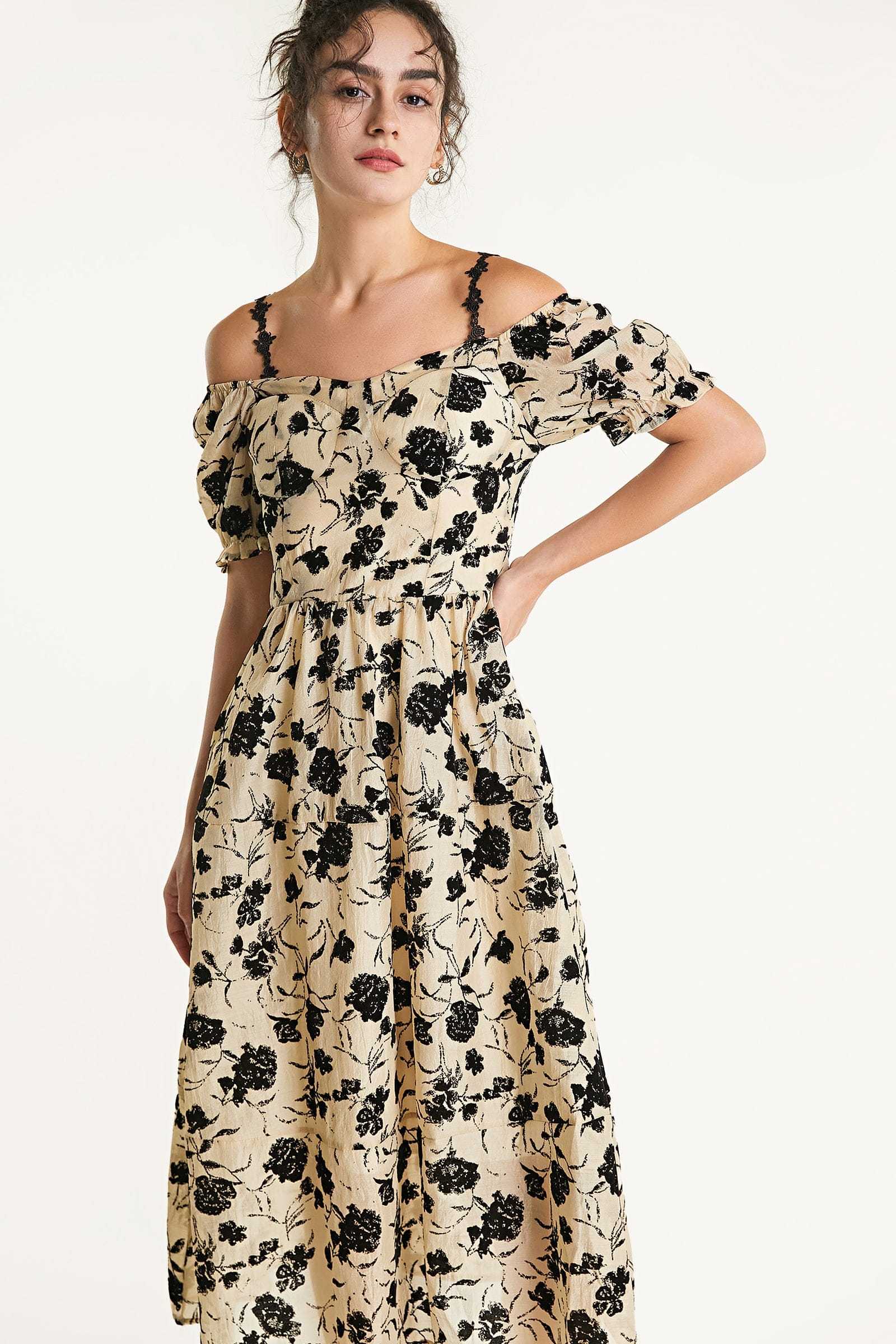 Beige Off-the-Shoulder Velvet Floral Midi Dress