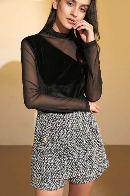 Black Long Sleeve Lace Mesh Mock Neck Blouse