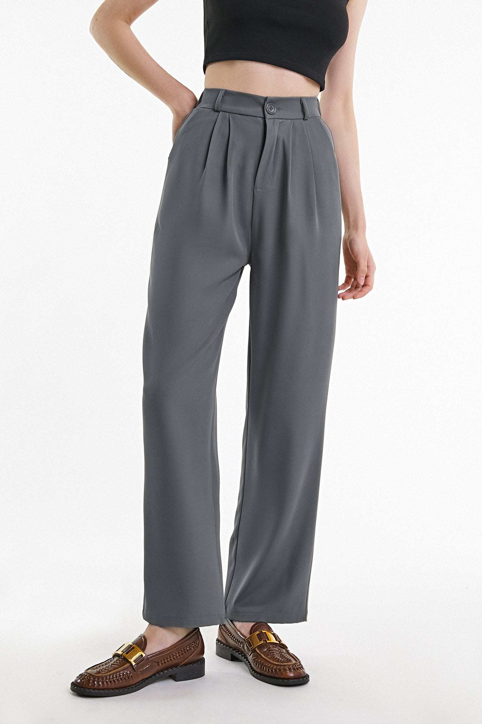 Dim Grey Half Elastic Pleat Detail Wide Leg Suit Pants