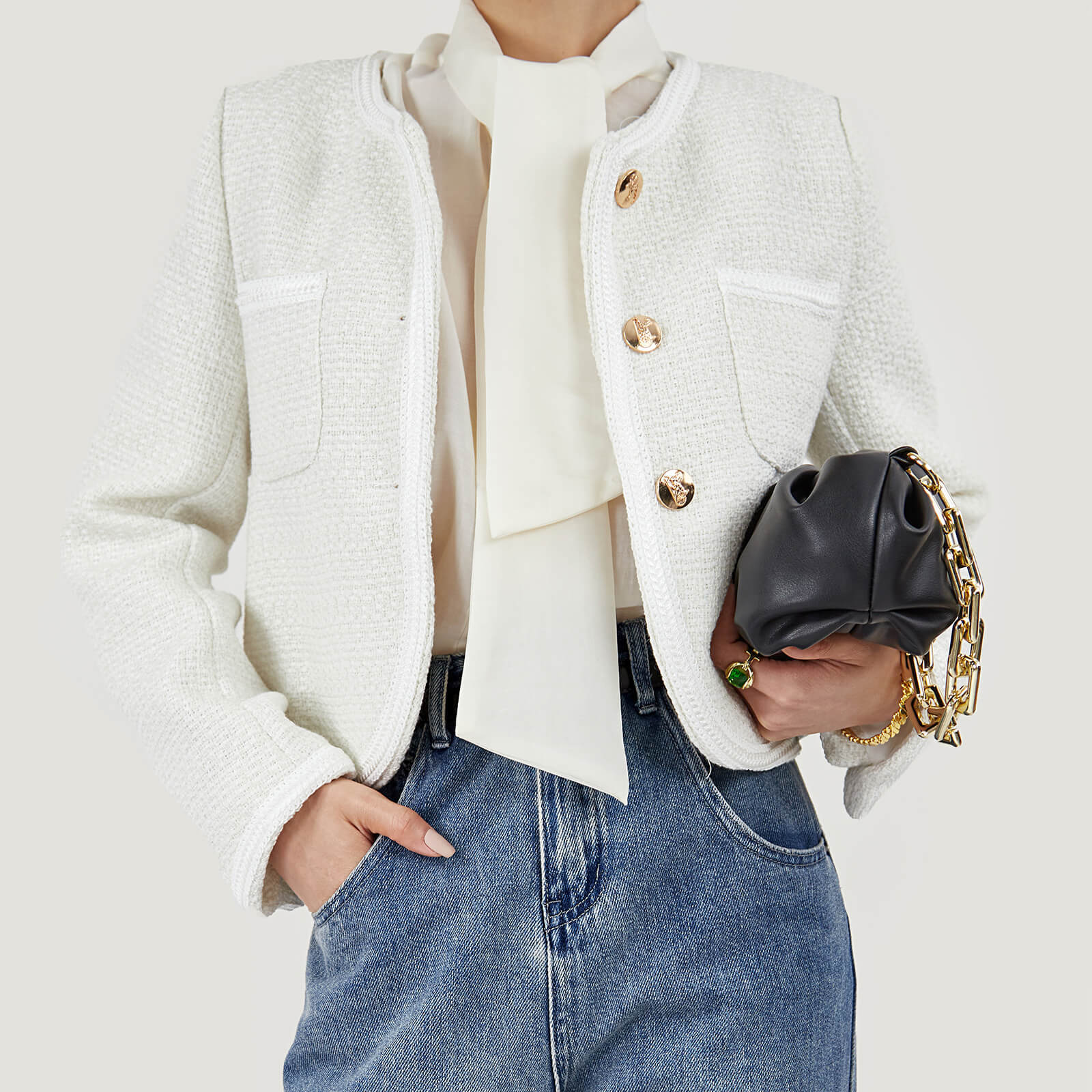 White Frenchy Button Front Detail Tweed Jacket