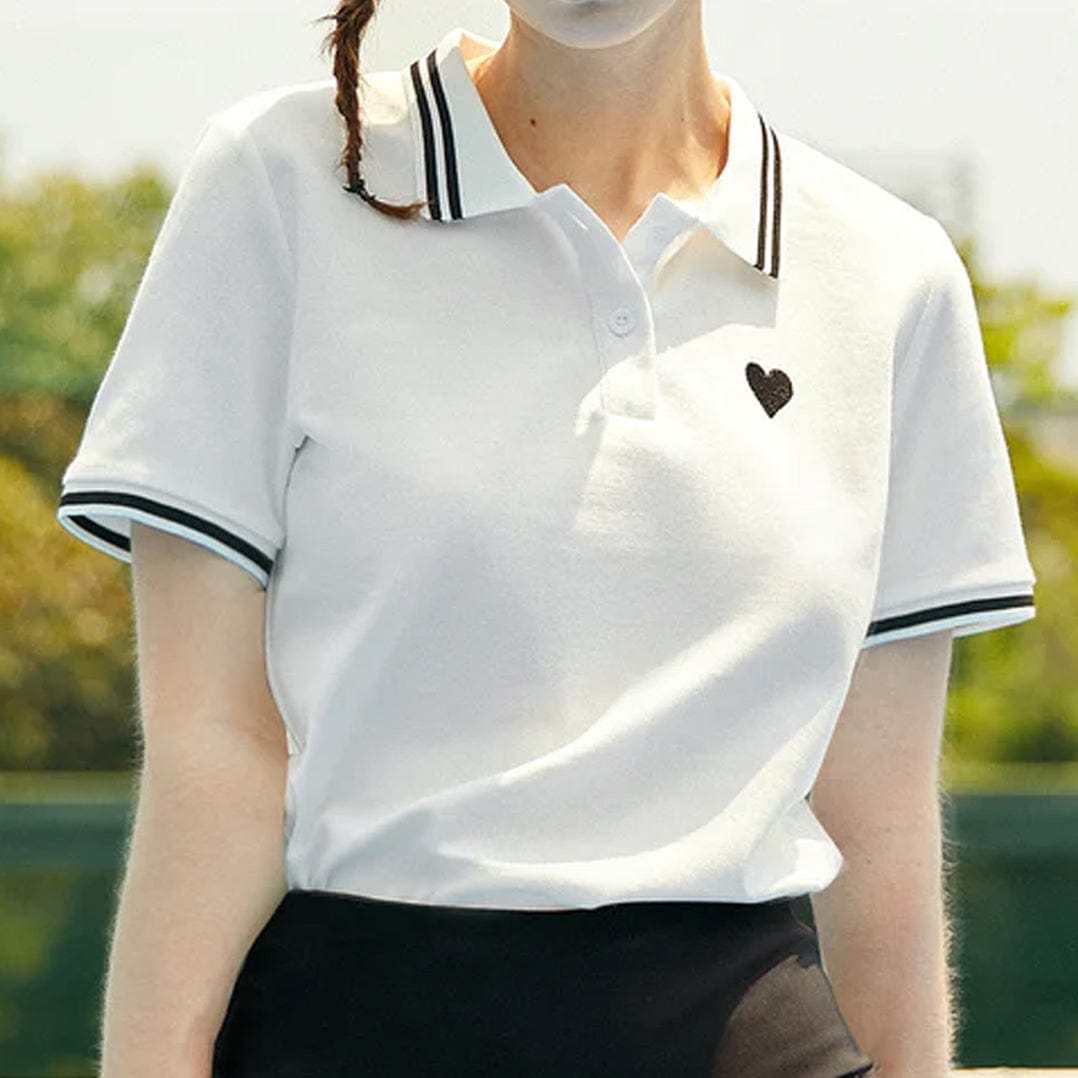 White Contrast Trim Embroidery Polo T-shirt-J.ING