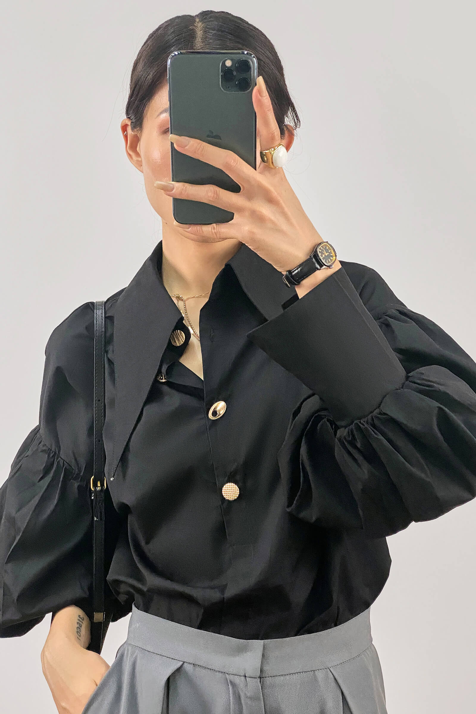 Black Pointed Collar Button Detail Lantern Sleeve Shirt
