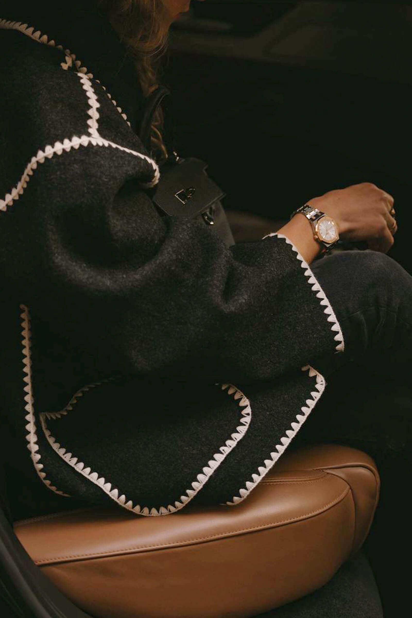 Black Contrast Drop Shoulder Wool-Blend Tweed Coat with Scarf