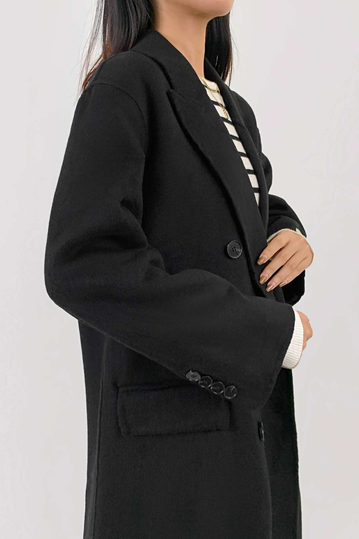 Black Premium Wool Double-Breasted Longline Coat